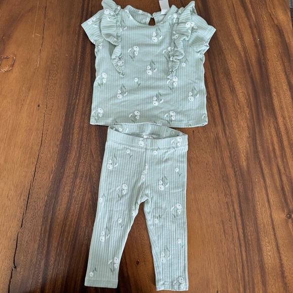H&M Mint Green Ruffled Baby Girl Ribbed Pants and Tee Set 9M - Picture 1 of 4